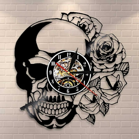 Amblelife Tattoo Skull with Rose Wall Art Wall Clock Skeleton Skull Thorn Roses Vinyl Record Wall Clock Gothic Home Decor Wall Watch Clock