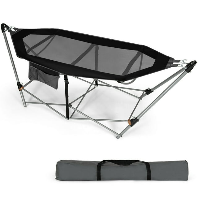 Gymax Folding Hammock Indoor & Outdoor Hammock with Side Pocket & Iron Stand Black