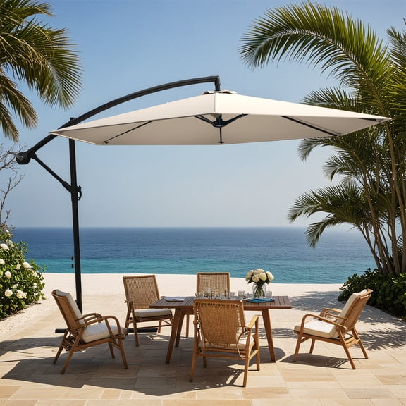 Vyrox 10 FT Offset Hanging Patio Umbrella, Outdoor Cantilever Market Umbrella with PU Waterproof Canopy, Steel Frame, Easy Slide Tilt for Deck, Garden & Poolside, Beige