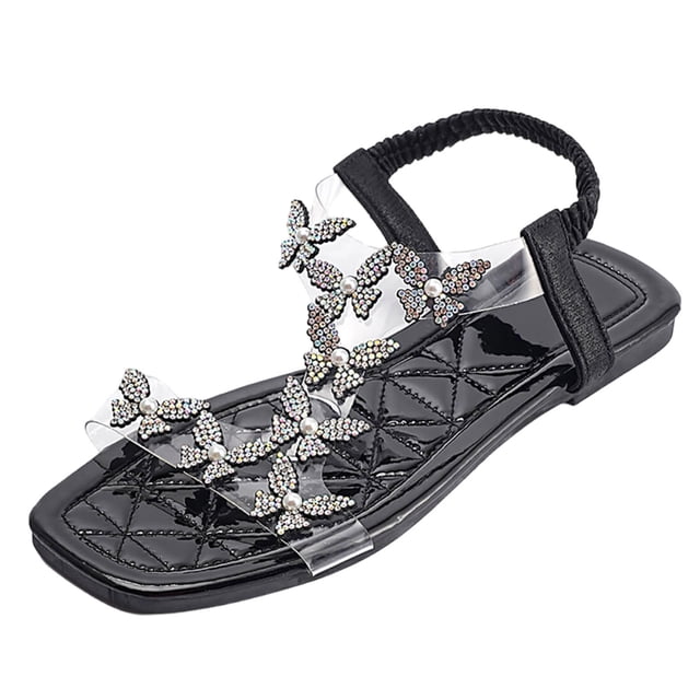 Sandales Plates pour Femmes avec Brides à la Cheville, Pvc Transparent, Strass1 Perlé, Décontractées à Enfiler, Bout Rond, 1 Pce