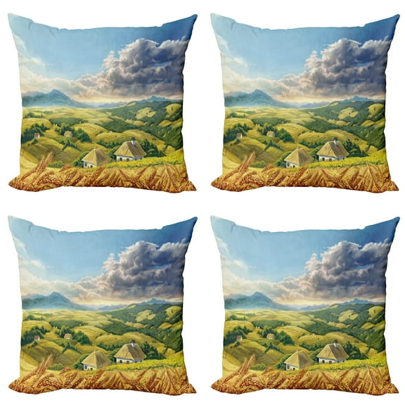Ambesonne Landscape Throw Pillow Cover 4 Pack, Summer Rural Houses, 20", Green White Blue