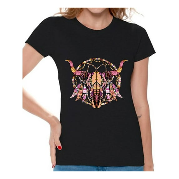 Awkward Styles Mosaic Cow Skull Tshirt for Women Cow Skull Shirt Sugar Skull T Shirt for Women Day of the Dead Gifts for Her Dia de los Muertos Outfit Women's Skull T-Shirt Dreamcatcher Skull Shirt