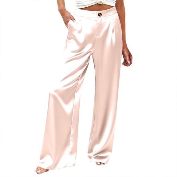 Women's Solid Color Satin Loose Straight Leg Pants With Button And Zipper Elastic Waist