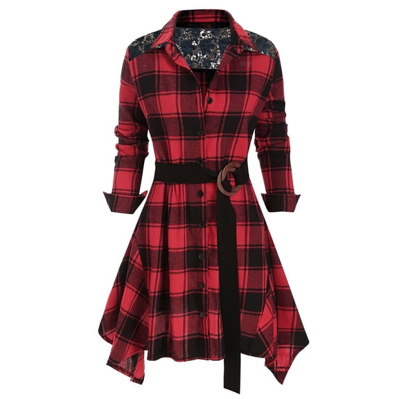 Frostluinai Fall Dresses For Women 2022 Homecoming Dresses Checkered Dress For Womens Plus Size Plaid Tie Shirt Dress Long Sleeve Slim Turn-Down Collar Tunic Tops Asymmetrical High Low Irregular Dress