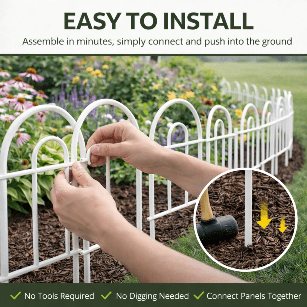 Y&M Decorative Garden Folding Border Fence 16.7in X21ft Rustproof Metal Wire Edging Flower Bed Fences Panel Outdoor White Garden Fencing Edge Patio Landscape