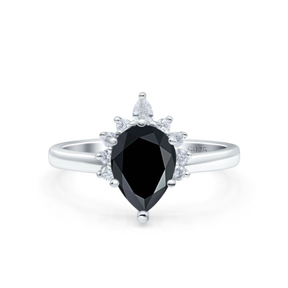 Natural Black Onyx Size-5 Art Deco Pear Teardrop Floral Vintage Style Cluster CZ Wedding Engagement Ring For Women 925 Sterling Silver Gifts For Her