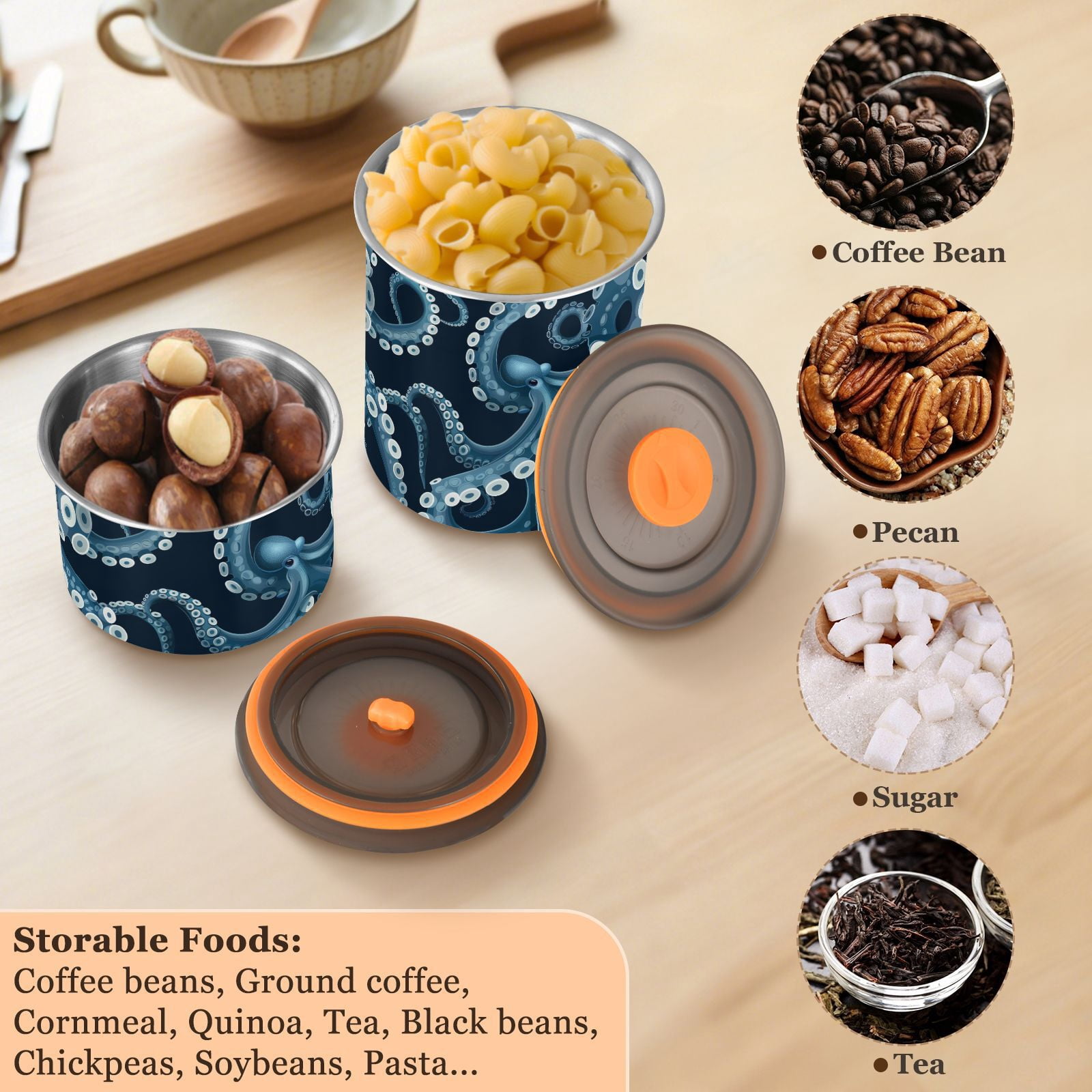 Octopus Tentacles Airtight Coffee Bean Canister 30oz Food Storage Containers with Lids For Gournd, Tea, Sugar, Flour, Rice, Cereal, Candy Cookie Jar