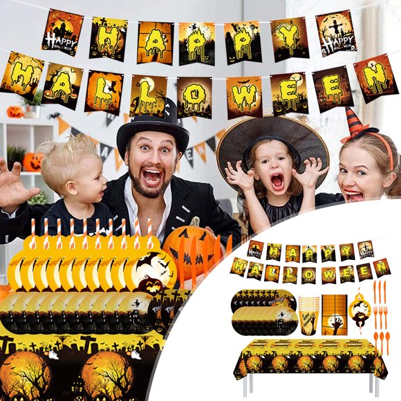 RKSTN Halloween Party Fournitures : Ensemble d'Assiettes et Serviettes 170 Pcs - Assiettes en Papier Jetables Vaisselle Serviettes Tasses pour Halloween Décorations de Fête à Thème Maison Hantée Citrouille pour 24 Invités