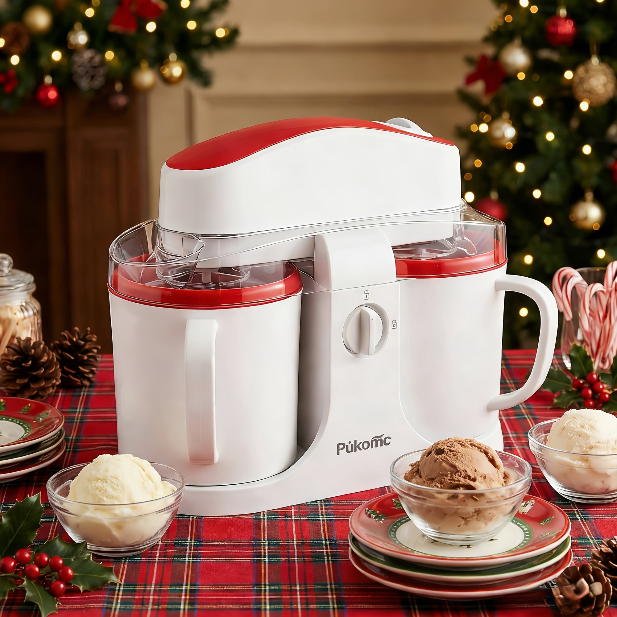 33.81oz Dual-Cup Ice Cream Maker, Dual Flavor Frozen Yogurt Machine, ABS Separated Easy Clean Design, Compact Electric Kitchen Gadget for Party Holiday Gift
