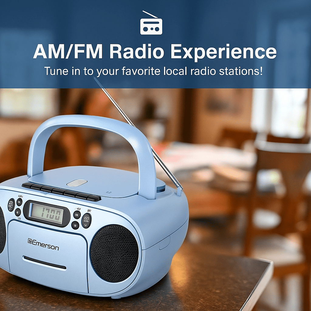 Emerson Portable CD Player Boombox with Cassette Player, AM/FM Radio, Tape Recorder, AUX, Headphone Jack, Dual Speakers, AC/DC & Battery Operated - Stereo System for Home, Indoor & Outdoor Use