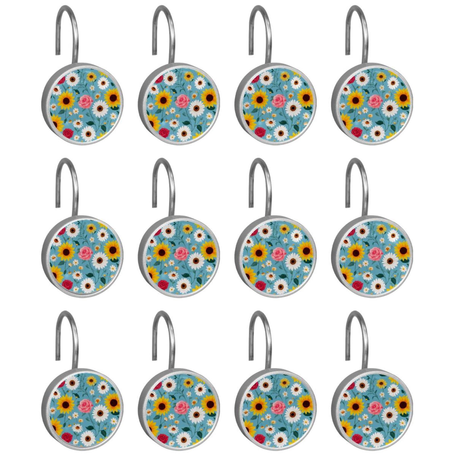 12pcs Decorative Shower Curtain Hooks, Rust Resistant Shower Rings for Bathroom Living Room,Rustproof Stainless Steel Rings for Shower Curtain and Liner Rods,Bohemia Style Flowers