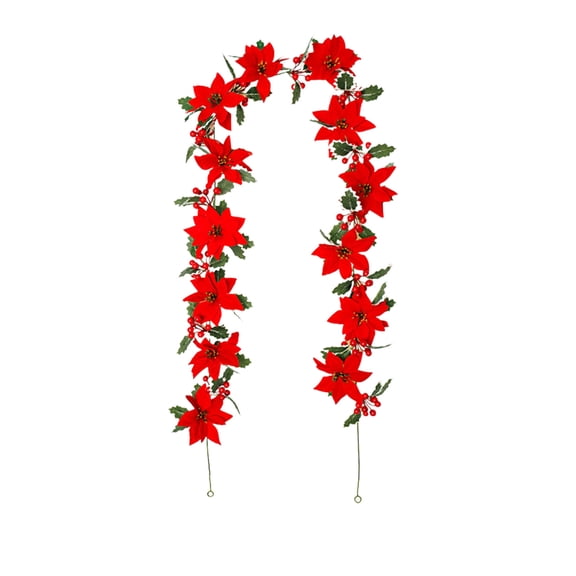 6FT Red Berry Christmas Garland, Artificial Berries Garland, Poinsettia Flowers and Holly Leaves, Poinsettia Christmas Decorations for Indoor Outdoor Holiday Home Decor