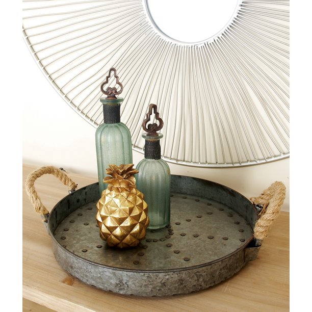 DecMode Large Round Metal Tray with Rope Handles, 16" x 6"