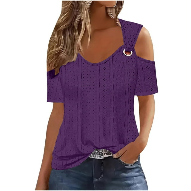 Timegard Womens Plus Size Tops Eyelet V-Neck Short Sleeve Cold Shoulder Summer Dressy Casual Tunic Tops