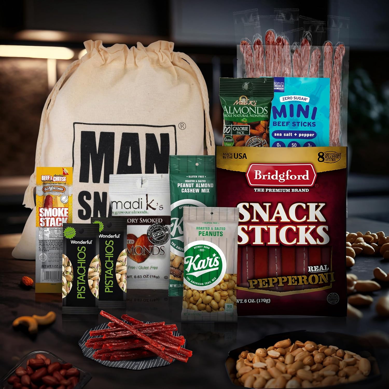 ManSnacks Deluxe Jerky & Nuts Gift Basket for Men - 28 pc - Large Variety of Beef Jerky Sticks, Pepperoni Sticks, Cheese Sticks, Almonds, Peanuts & Pistachios, in a Manly Gift Bag
