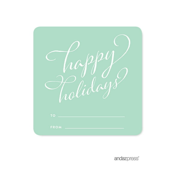 Happy Holidays Mint Green Christmas Square Gift Label Stickers, 40-Pack