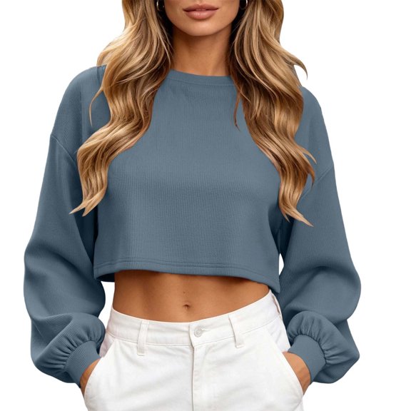 LUVDA Corduroy Crop Tops for Women Long Sleeve Sweatshirts Puff Lantern Sleeve Pullovers for Fall Winter Casual