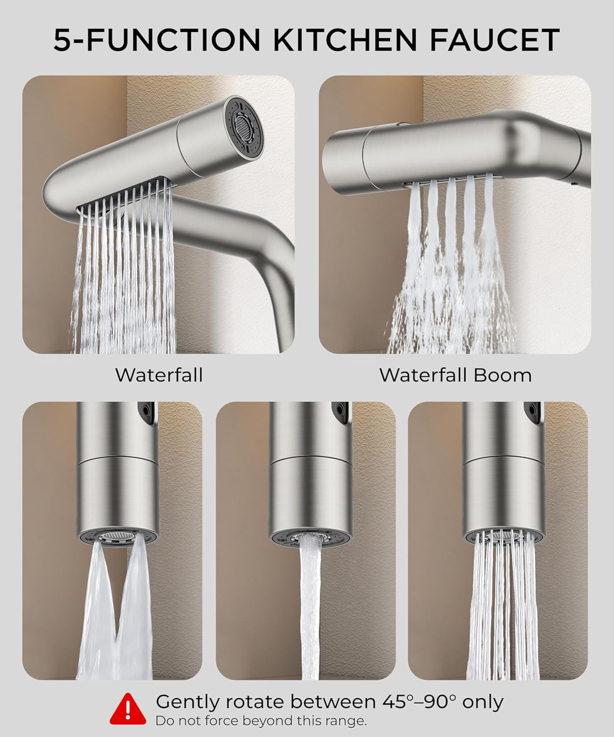 Waterfall Kitchen Faucet with Pull Down Sprayer, 5 Spout Modes Brushed Nickel Stainless Steel Single Handle 360° Swivel Classic Kitchen Sink Faucet with Deck Plate for 1 or 3 Hole for Bar Rv