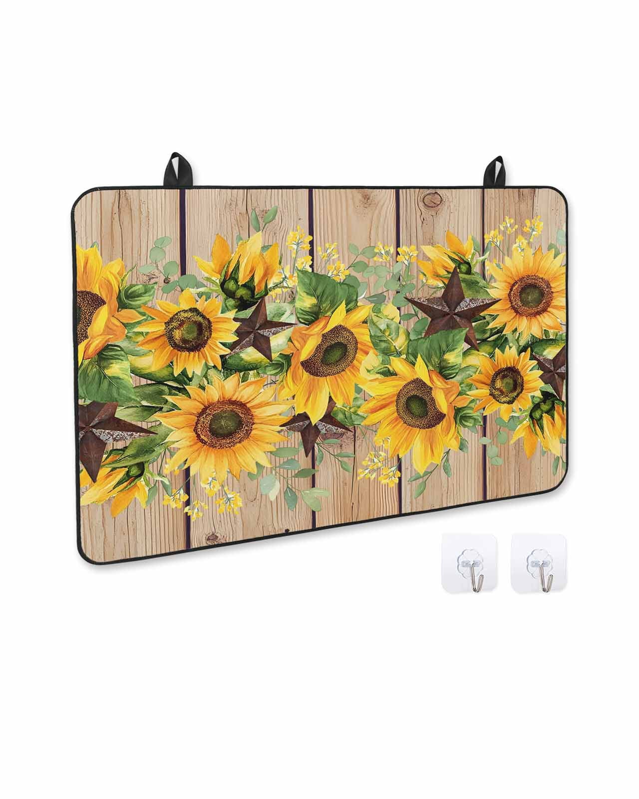 nqOlkjepod Large Induction Cooktop Protector Mat 24"x21", Brown Sunflower Stove Top Covers for Electric Stove, Rustic Country Star Spring Summer Wooden Stove Burner Cover Mats, Glass Top Stove Cover