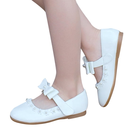 GiLiling Girls Mary Jane Flats, Closed-Toe PU Leather Ballet Flats with Pearl Bow Strap Lace Trim, Flat Heel for Formal Occasions (White, 6-7 Years)