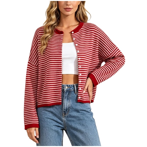 GEWSEY Womens Striped Cardigan Sweater Casual Crew Neck Open Front Button Down Long Sleeve Knit Sweaters Fall Outerwear (Red, L)