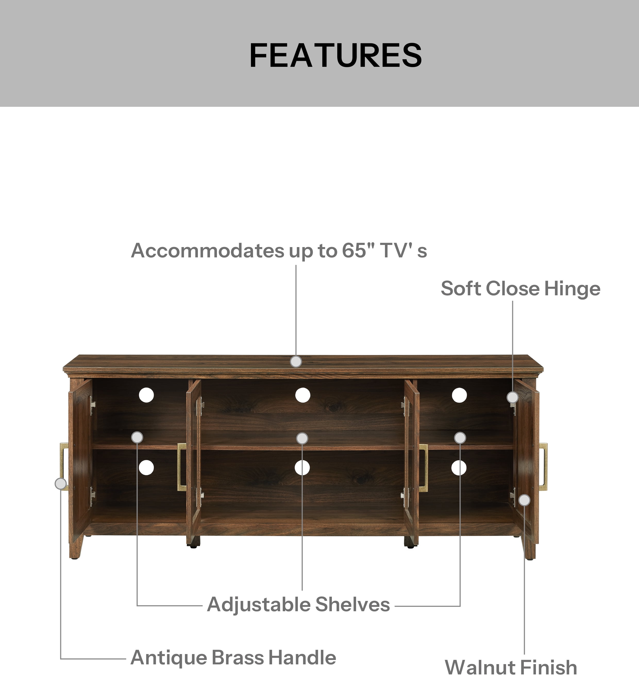 Mainstays Traditional TV Stand with Glass Doors, for TVs up to 65 in, Walnut Finish