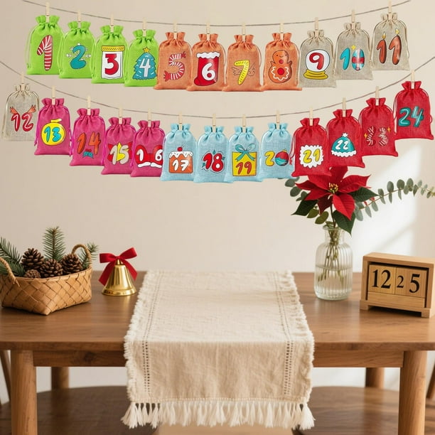 24 bolsas para calendario de Adviento, de arpillera con cordón ajustable y pinzas de madera. Ideales para fiestas, decoración navideña, hogar y regalos. Multi