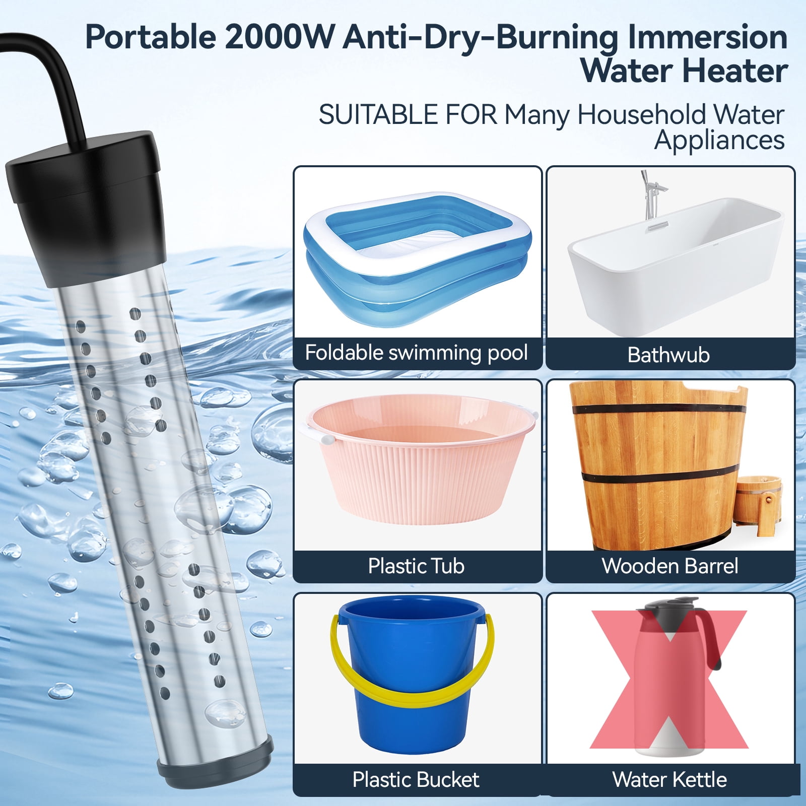 2000W Immersion Water Heater with Thermostat  Floating Bucket Heater with Timing Temperature Control Setting Auto Shut-Off 304 Stainless-Steel Guard Water Heater Rapid Heating in Minutes