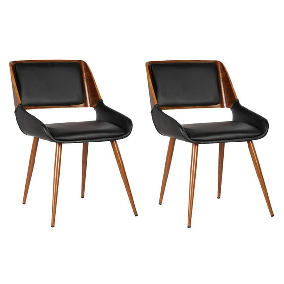 Armen Living Panda Mid-Century Dining Chair in Walnut Finish and Black Faux Leather Set Of 2