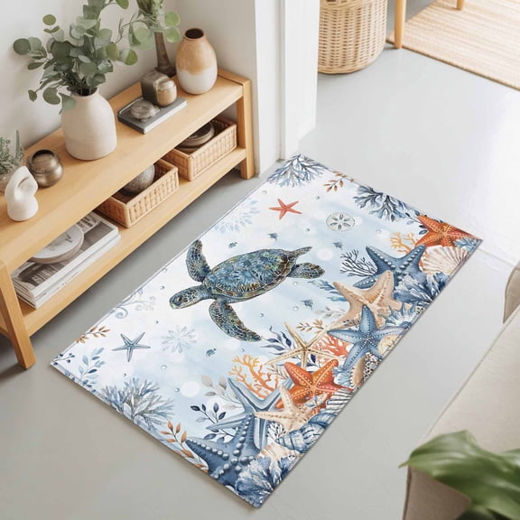 2x3 Ft Entryway Area Rug, Sea Turtle Coastal Kitchen Rug Runner Washable Floor Mat, Summer Coral Starfish Nautical Blue Ombre Non Slip Indoor Door Mat Throw Carpet for Bathroom Living Room Bedroom