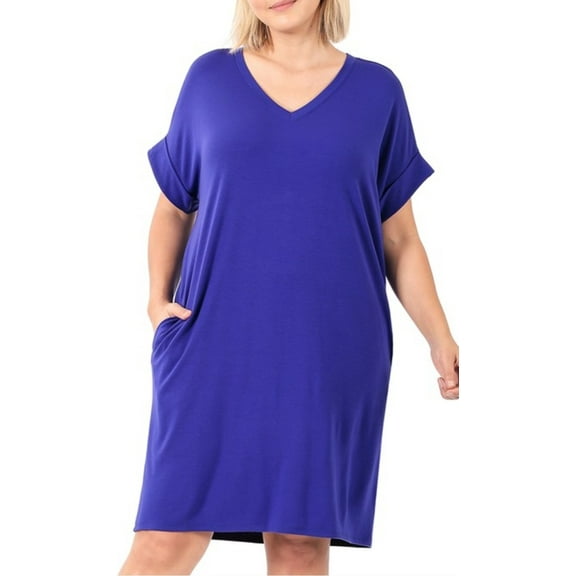 Plus Rolled Short Sleeve V-Neck Bright Blue Dress