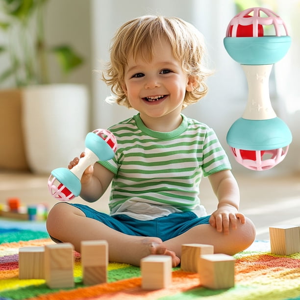 Juguete de cascabeles de goma suave con mancuernas de doble cabeza para la primera infancia, ideal para calmar y hervir agua.