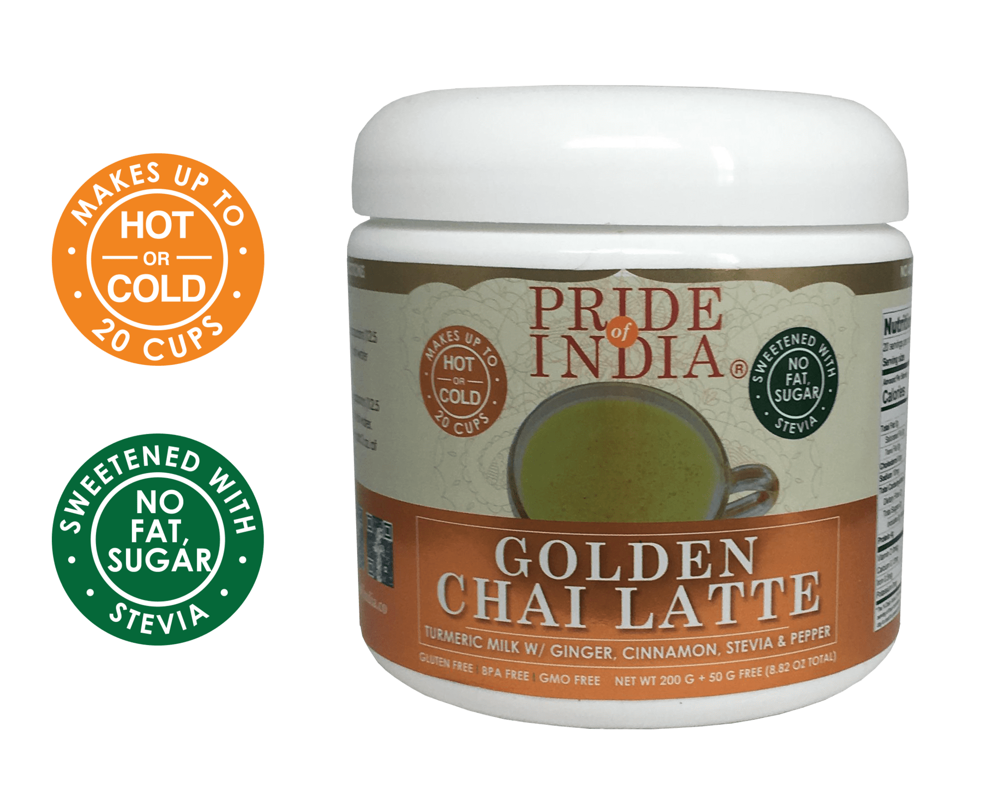 Pride of India - Golden Chai Latte - Powdered Instant Turmeric Milk w/Ginger Cinnamon, Stevia & Pepper - No Fat, No Sugar, No Caffeine - 8.82 oz (250 Gm) Jar