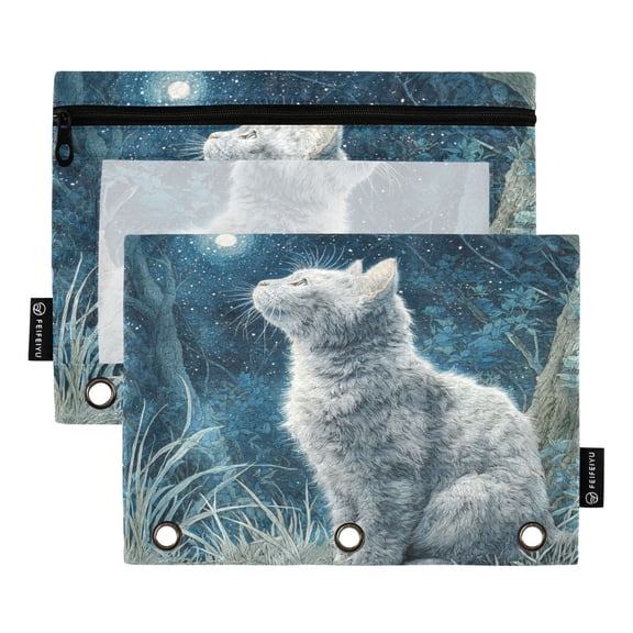 2 Pack 3 Ring Binder Pouch with Clear PVC Window Water Resistant Zipper Pencil Pouch Silver Cat Binder Pocket for Classroom Office Home Stationery Organization