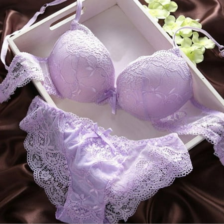 harmtty Two Pieces Sexy Women Floral Lace Underwear Solid Color Push Up Bra  Panties Set,Purple,80C