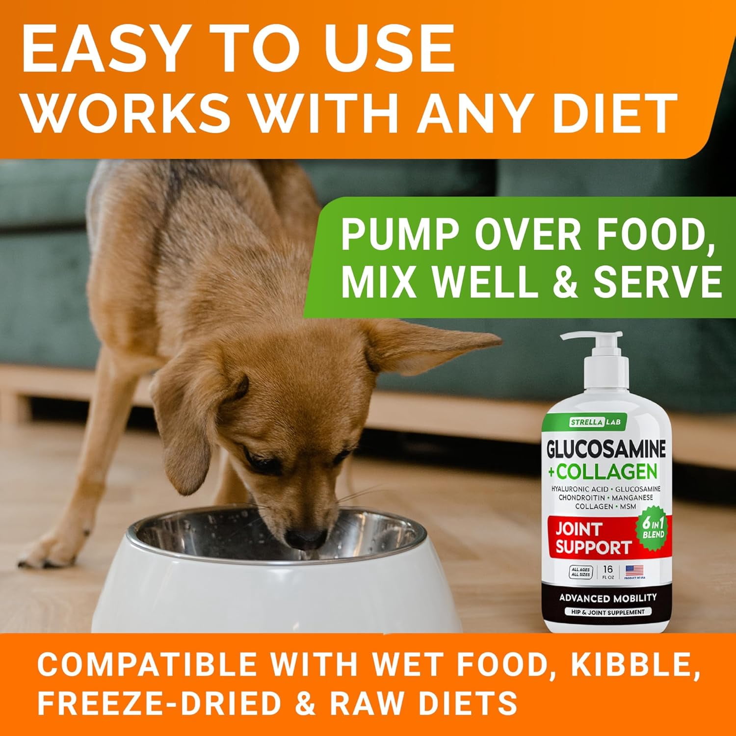 Liquid Glucosamine for Dogs (16 oz) - Joint Supplement w/Chondroitin, MSM, Collagen - Advanced Mobility Formula - Joint Pain Relief - Hip & Joint Care - Easy to Serve Drops - Made in USA