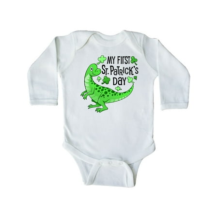 

Inktastic My 1st St. Patrick s Day- green dinosaur Gift Baby Boy or Baby Girl Long Sleeve Bodysuit