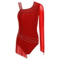 thumbnail image 3 of TiaoBug Women Shiny Rhinestone Gymnastics Leotard Dance Top One Shoulder Fringe Tassel Figure Skating Bodysuit Burgundy XXL, 3 of 5