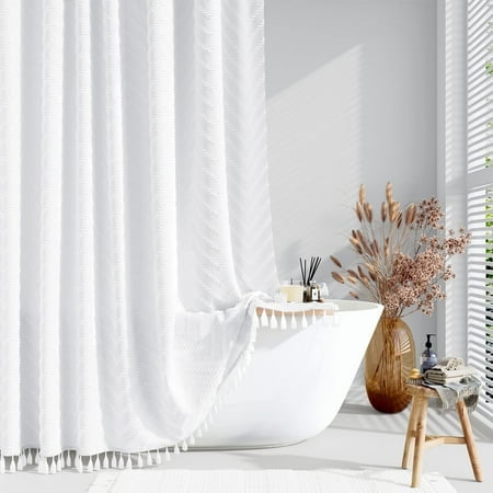 Dynamene 78 Inches Long Shower Curtain Boho Tufted Chevron Striped Tall Cloth Shower Curtains For Bathroom Decor Large Hotel Spa Luxury Shower Curtain Set With Hooks Wrinkle Free White 72X78