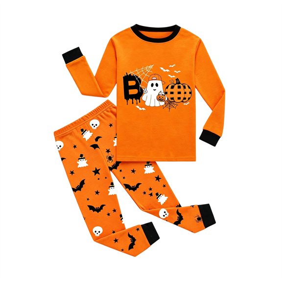 CUZIBR Toddler Pajamas For Boys Girls Halloween Long Sleeve Crew Neck Tops And Pants 2 PC Sleepwear Pumpkin Ghost Bat Graphic Soft Loungewear Cute Party Daily Nightwear,Orange,2-3 Years