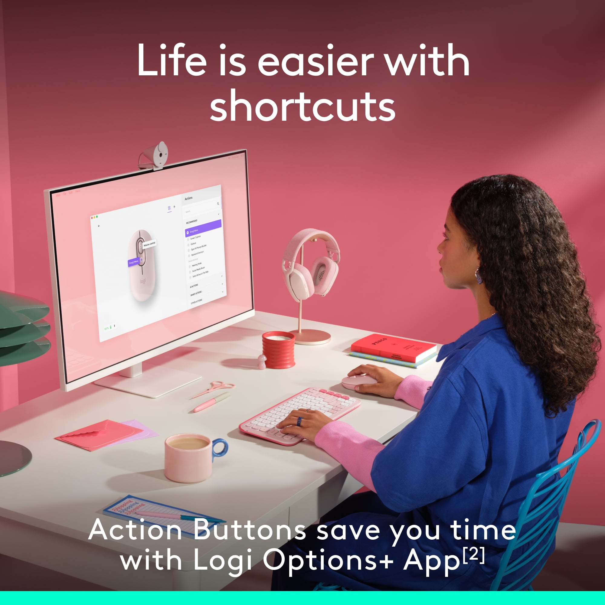 Logitech POP Mouse, Compact and Portable Wireless Bluetooth Mouse With Programmable Buttons, Rose