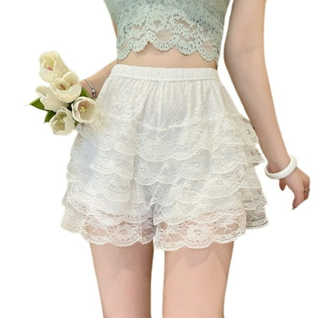 Acuteok Womens Layered Ruffle Shorts Casual Elastic Waist Solid Color Lace Bloomers Lolita Clothes