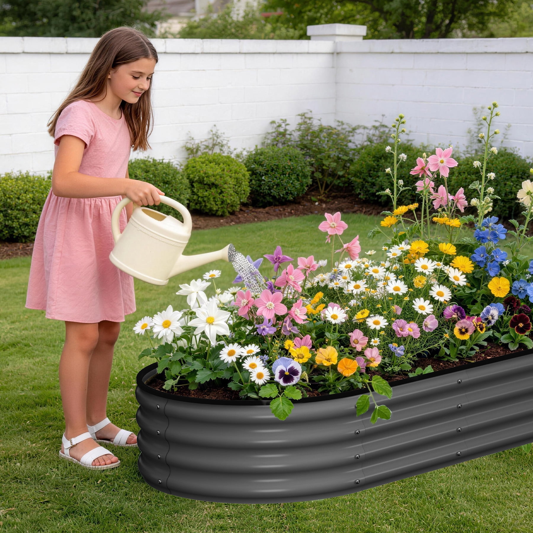 Oval Raised Garden Bed, 4x2x1 FT Galvanized Metal Planter Box for Outdoor, Large Oval Vegetable Bed for Flowers, Herbs & Succulents, Heavy Duty Steel Garden Bed for Backyard, Grey