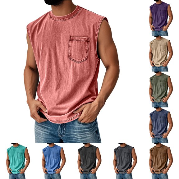 XFeng Men's Washed Sleeveless Tank Top, Crew Neck Pocket Casual Muscle Shirt
