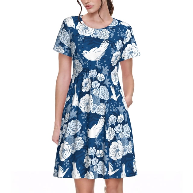 Balery Rose Flowers Vestidos sueltos de manga corta para mujer, vestidos de verano 2025, vestidos casuales de corte A con vuelo.