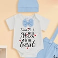 thumbnail image 4 of Kaprioy Baby Boy Outfit My First Fathers Day Baby Boy Outfit Short Sleeve Bowtie Romper I Love Dad Mom Suspender Pants Hat 3PCS Clothes Set, 4 of 6