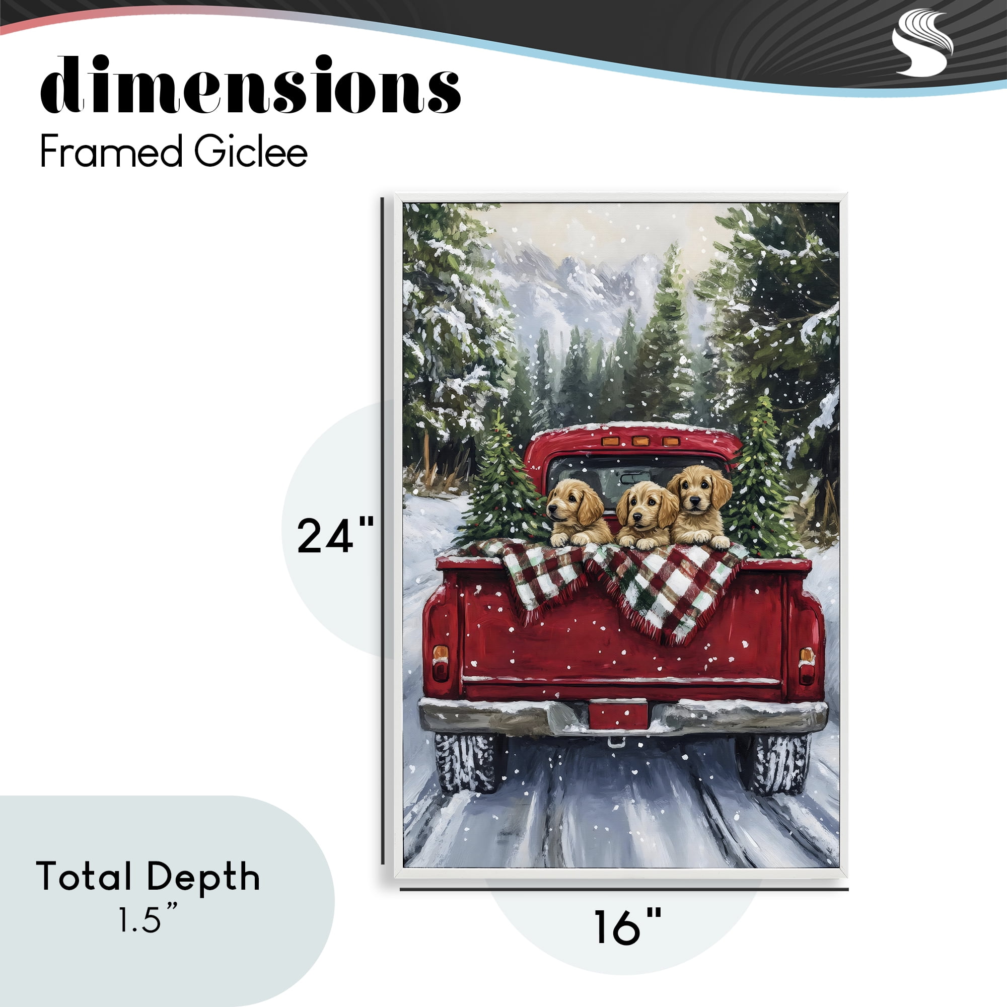 Golden Pups Christmas Truck White Framed Giclee Art, design by Petal Prints Design