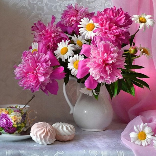 Pintura Diamante,Diy pintura diamante 5d rosa blanco manojo de flores bordado de diamantes de imitac Tomshoo Rosa y blanco