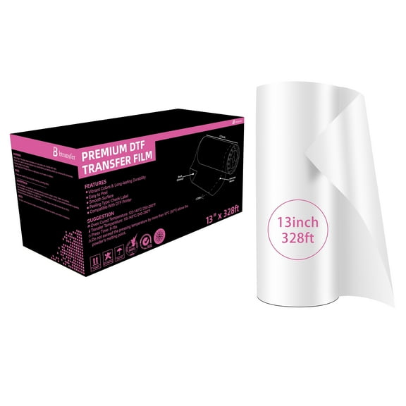 Btransfer DTF Heat Transfer Film Roll 13" x 328ft for A3 DTF Printer,Premium PET Film Heat Transfer Paper,Direct to Film Printing for T-Shirts Textile Dark and Light Clothing,Double-Sided Matte