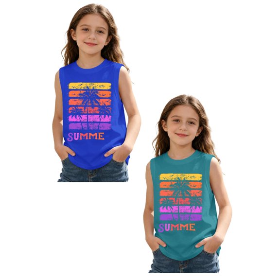 SGMVNU 2 Pack Girls' Tank Tops Casual Sleeveless Tropical Print Summer Beach T-Shirt Teen Kids Cute Camis Tanks, Size 4-5 Years, Blue, Mint Green
